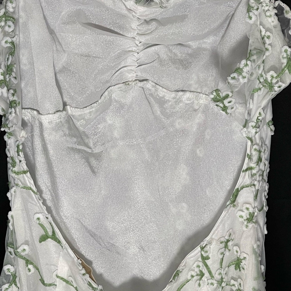 Beige Botany: Green & White Floral Embroidered Lace mini dress. Delicate, fairy - Picture 7 of 10